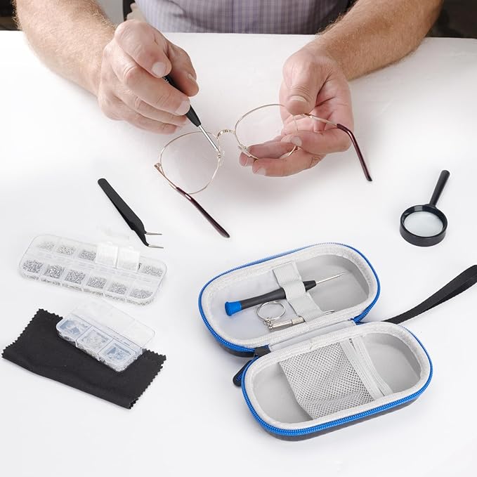 Eyeglass Repair Kit with Screws, Eye Glass Repairing Kit Include Nose Pads, Small Screwdriver, Magnifier, Tweezer for Eyeglass, Sunglass, Spectacles Watch, Eye Glass Repairing Kit with Travel Case