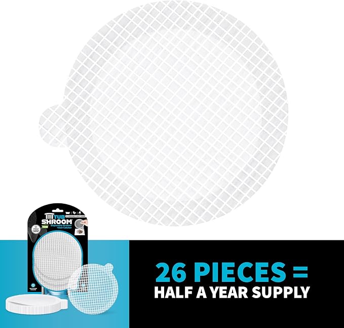 TubShroom Toss 26pk Disposable Drain Covers - Hair Catcher Mesh Sticker Strainers for Shower Bathtub and Bathroom Sink Drains to Prevent Clogged Drains, Half Year Supply