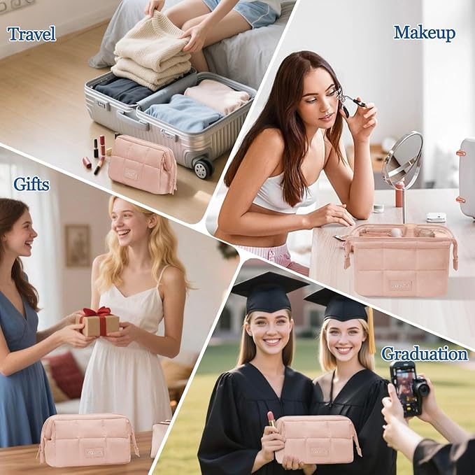 Makeup Bag Travel Toiletry Bag - Puffy Padded Make Up Bag, Waterproof Cosmetic Bag with Multiple Compartments, Wide-open Makeup Pouch for Cosmetics, Toiletries, and Travel Essentials, Pink