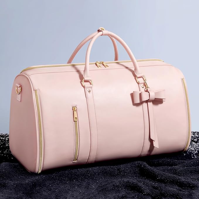 Garment Bags for Travel, Convertible Suit Travel Bag for Women, Fashion & Cute Carry On Garment Bag with Shoe Pouch, 2-in-1 Foldable PU Leather Hanging Duffle Bag, Single-Zipper Design, Pink