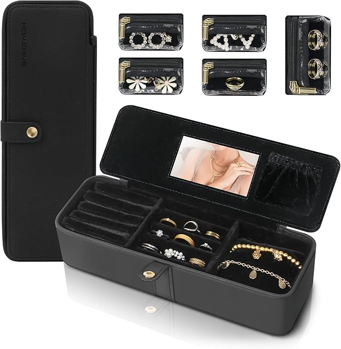 Travel Jewelry Organizer Box – Leather Jewelry Case Gift for Women and Girls – Jewelry Organizer and Storage with 5 Anti-Tarnish Velvet Pouches & Mirror – Portable for Trips and Daily Use