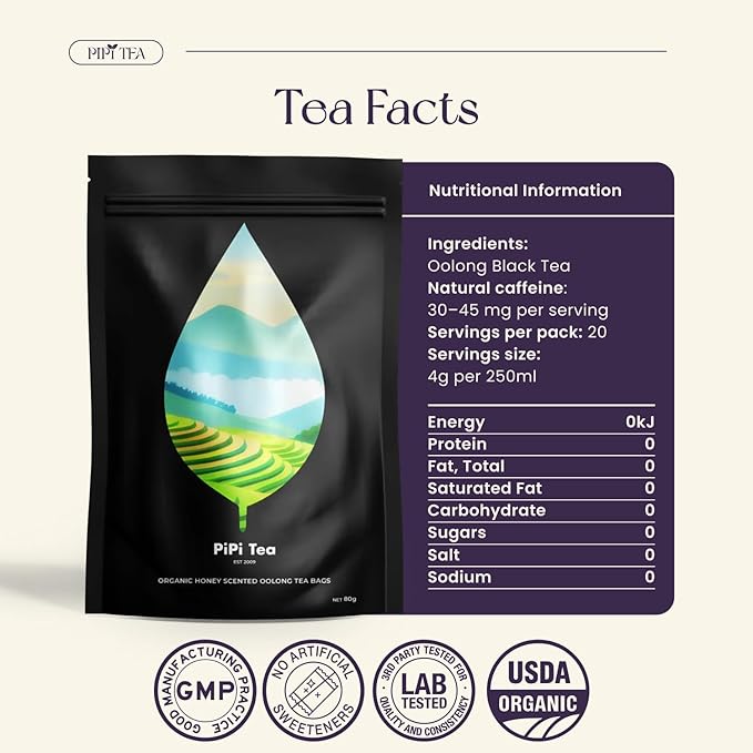 PiPi Tea Organic Oolong Tea Bags – Whole Leaf, 20 Bags (4g Each) – Cortisol & Calming Tea for Anxiety, Stress, Weight Loss – Bulk Loose Leaf Oolong Tea