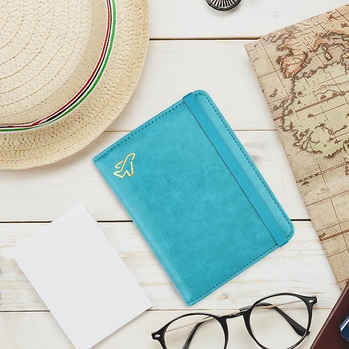 WALNEW Passport Holder for Travel, RFID Passport Cover Wallet for Women Men, PU Leather Passport Book Card Holder Case with Pen (Elastic Band Closure, C-Blue)