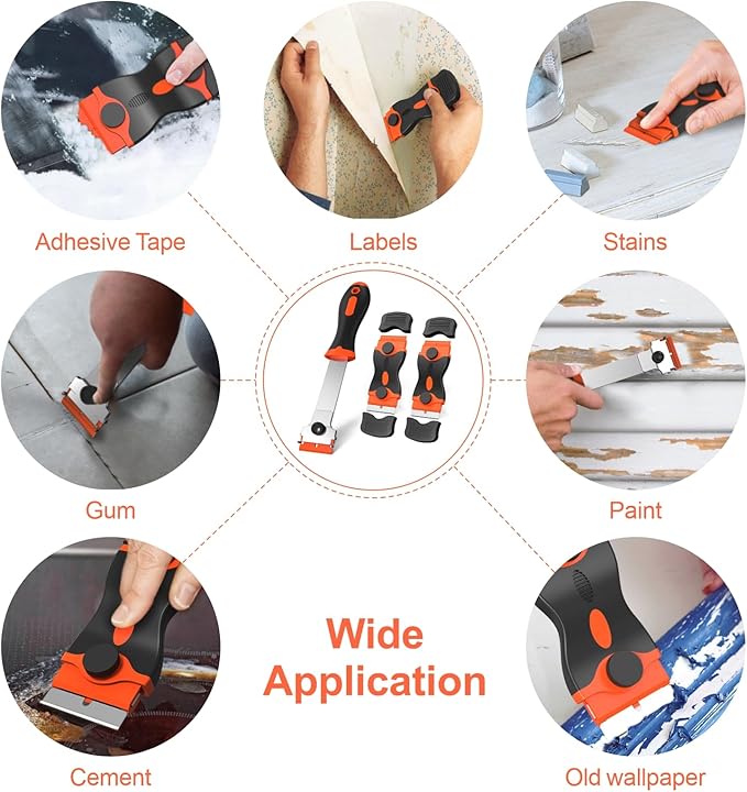 Ywmoml 3 Pack Razor Blade Scraper Set, Includes 30 Plastic & 30 Metal Blades, Multi-Purpose Tool for Glass, Cooktop, Sticker Removal, Paint & Gum Cleaning (Orange)