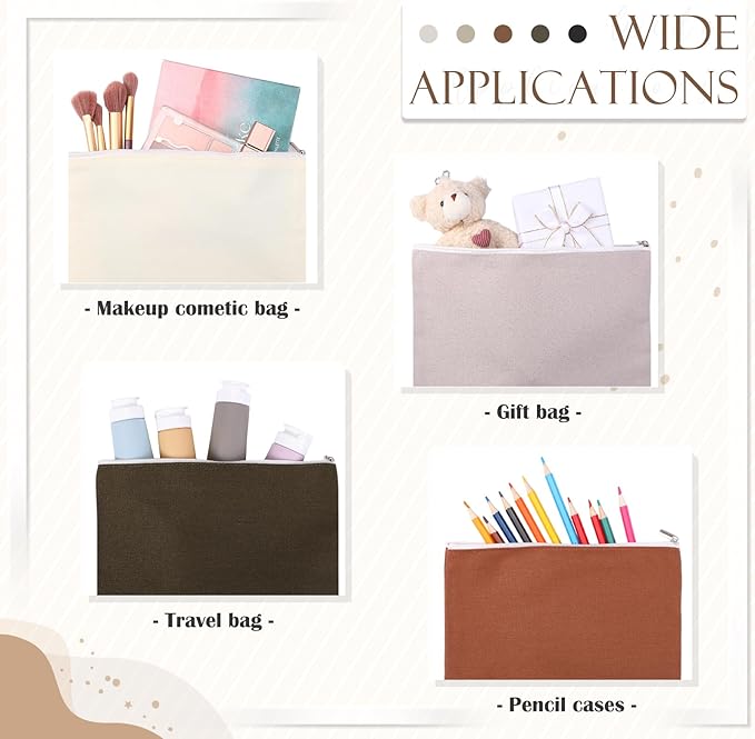 Reginary 10 Pcs Valentines Canvas Makeup Bags Bulk for Women Travel Toiletry Cosmetics Bags Blank DIY Pencil Pouch, Gift for Valentines Patrick's Day Wedding Bridal Shower Coworker(Neutral Color)