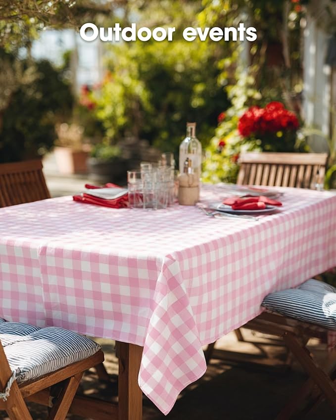 Pureegg Plastic Table Cloth Disposable 10 Pack, 54 x 108 Inch Table Cloths, Party, Picnic, Decorative Gingham Tablecloths, Rectangle, Pink and White Checkered Cover, Leakproof & Sturdy, Pink Plaid