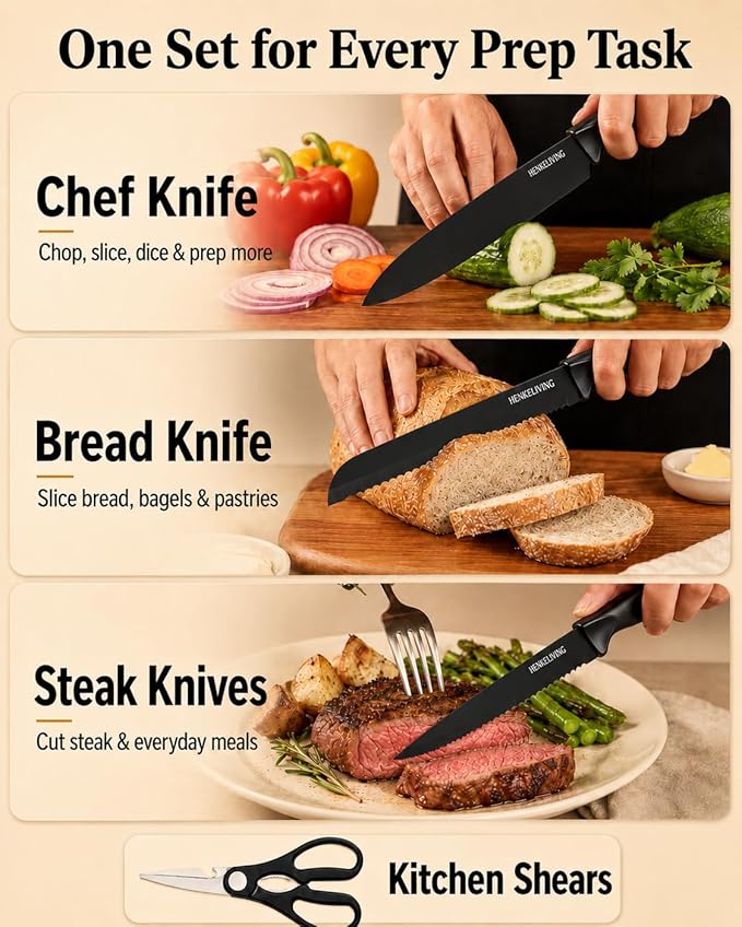 Knife Set, 14-Piece Black Dishwasher Safe Kitchen Knife Block Set with Built-In Sharpener, German High Carbon Stainless Steel Blades, Ultra Sharp Knives with Ergonomic Non-Slip Handles