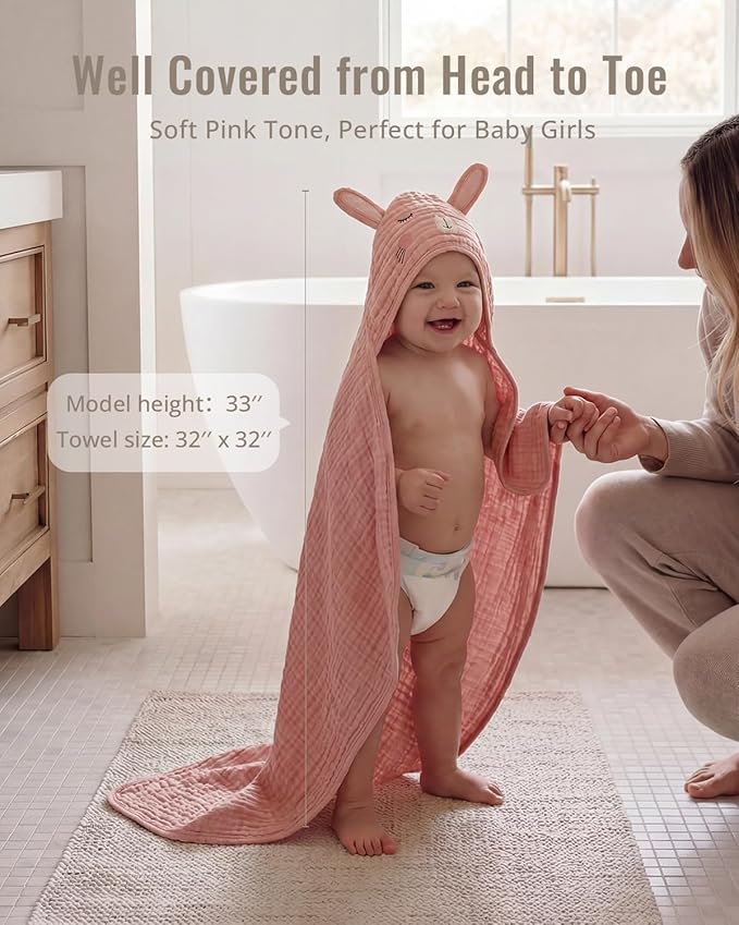 Blissful Diary Muslin Baby Hooded Towel 1 Pack, Soft & Absorbent Bath Towel for Baby Girls, Infant Gift, Newborn Essentials, Sweet Bunny
