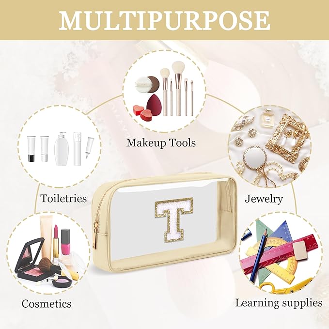 Small Clear Personalized Initial Makeup Bag, Preppy Nylon A-Z Chenille Letter Patch Makeup Organizer TSA Approved Travel Toiletry Bag,Waterproof Zip Beach Cosmetic Pouch Purse for Women(Beige-White T)