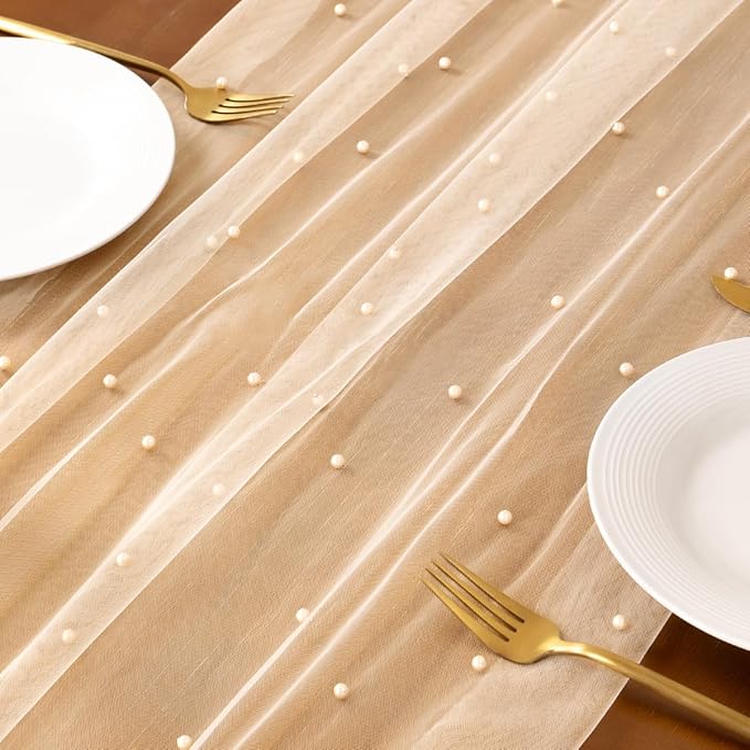 Socomi Pearl Table Runner Tulle Summer Cheesecloth 10FT Gauze Cheese Cloth Sheer Chiffon Wedding Birthday Party Baby Shower Bridal Anniversary Holiday Centerpiece Table Decor 3pcs Peach