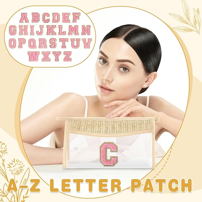 Small Boho Straw Initial Letter Makeup Bag Personalized Gift, Cute Clear Chenille Patch Makeup Bag with Zipper, Trendy TSA Approved Travel Toiletry Bag, Gift for Women Girls Birthday Friend, Letter C