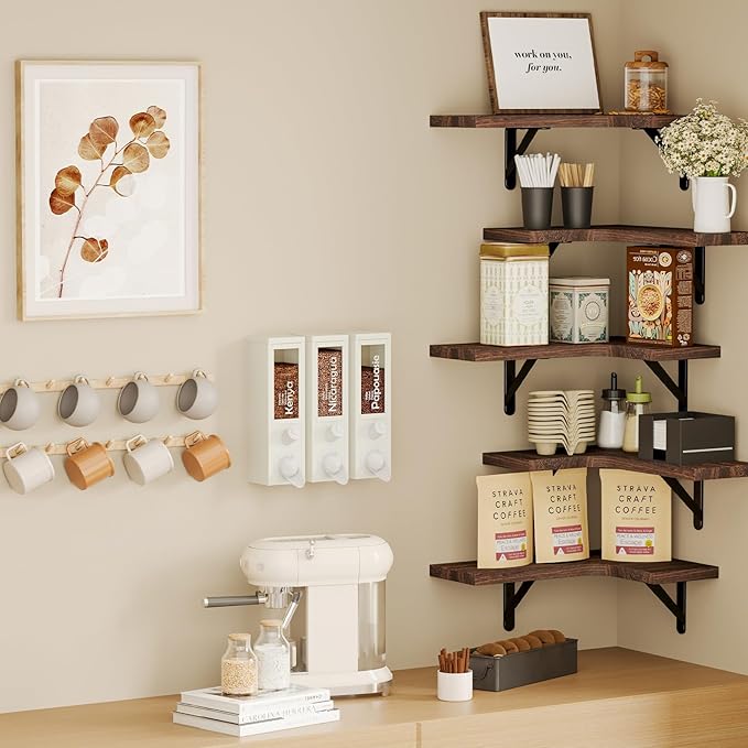 Fixwal Floating Shelves for Wall Set of 5, Rustic Wood Wall Mounted Corner Shelf for Bathroom, Kitchen, Bedroom, Home Decor, Laundry Room, Living Room (Walnut Brown)