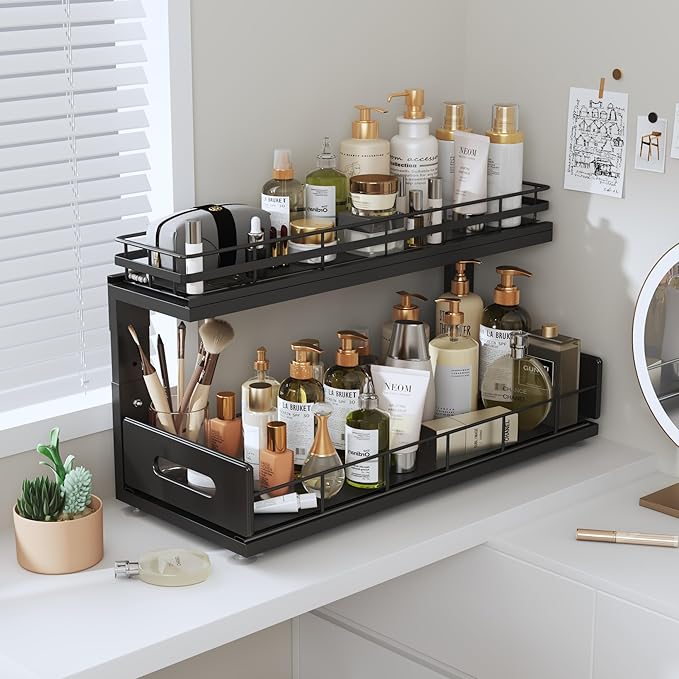 1 Pack 18 IN Depth Under Sink Organizer with Smooth Ball Bearing Slides, 2-Tier Pull Out Cabinet Storage, Slide Out Drawers for Bathroom&Kitchen, Rust-resistant Coating, Height Adjustable - Black