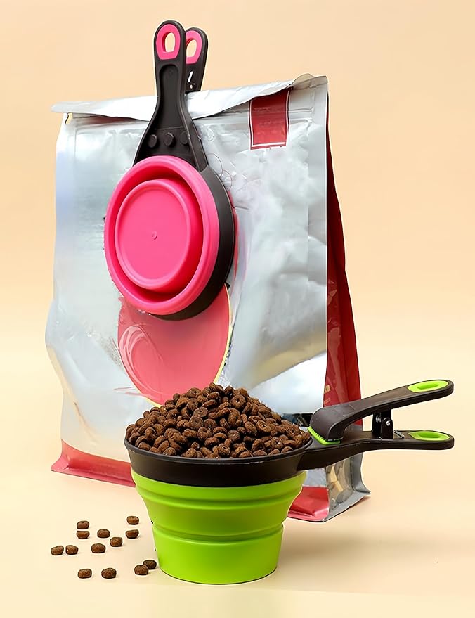 2 PCS Collapsible Pet Scoop Set,1 Cup & 1/2 Cup Capacity Silicone Measuring Cups with Sealing Clip,Multi-Function Scoop Bowls Bag Clip for Dog Cat Food Water.(Green,Pink)