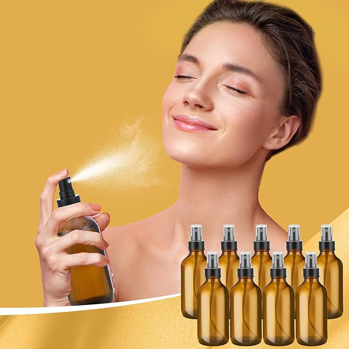 Fumete 2 Pack Glass Bottles 4oz Empty Refillable Liquid Containers with 1 Label 1 Funnel for Essential Oils Hair Travel Plants Cleaning Skin Care(Amber, Black Top,Mist Bottle)