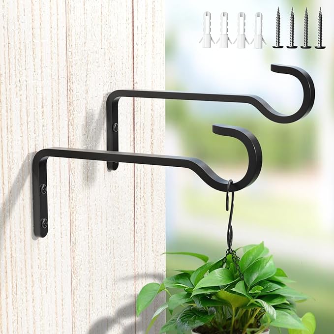 saffruff Heavy Duty Plant Hooks for Wall: 6-Inch 2 Pack Plant Hangers Outdoor, Hold 35lb, Bird Feeder Hanger for Outside, Iron Planter Brackets for Hanging Baskets, Wind Chime, Lantern, Metal - Black