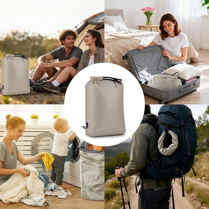 Travel Laundry Bag, Pump-free Vacuum Compression Dirty Clothes Bag, Large Reusable Waterproof & Washable Laundry Bag, Wet and Dry Bag, Ideal for Suitcases, Laundromats (1 Pcs) Gray