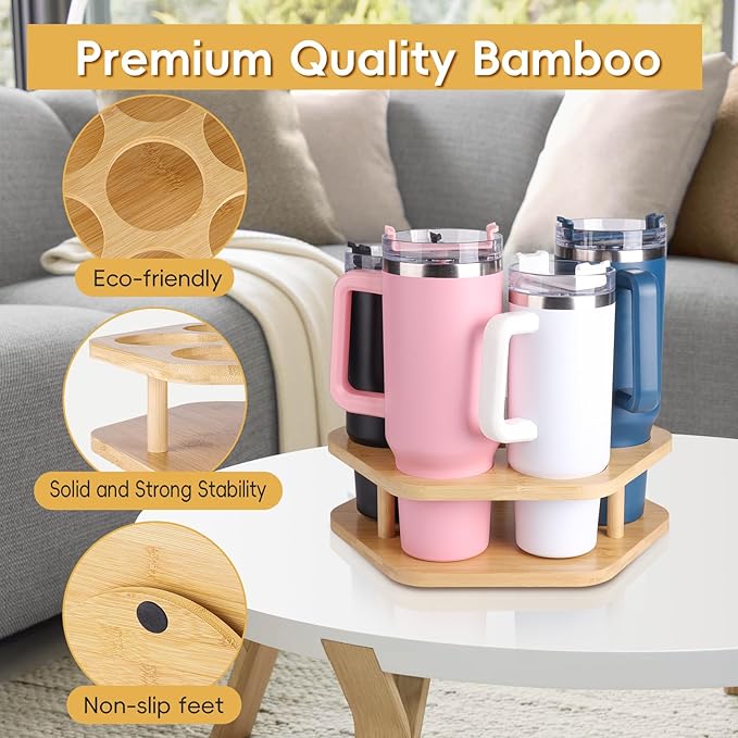 Water Bottle Organizer for Stanley 40 oz Tumbler, 7 Slots Rotatable Stanley Cup Organizer for Kitchen Cabinets, Wood Tumbler Organizer Holder for Stanley Cup Accessories Wood