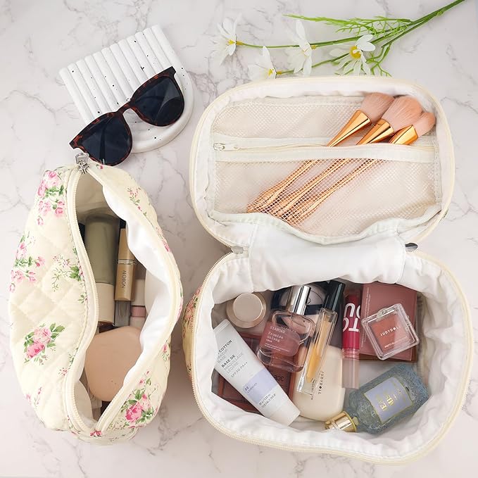 2Pcs Cotton Quilted Makeup Bag for Women Extra Large Small Travel Cosmetic Bag Set Cute Pink Floral Print Makeup Pouch Portable Toiletry Bag Organizer Coquette Vintage Puffy Travel Essential