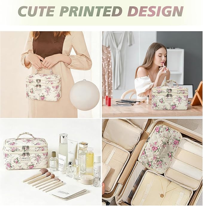 Large Quilted Makeup Bag, Large Floral Cosmetic Bag for Women, Cute Cotton Makeup Bags, Flower Travel Toiletry Organizer Bag (Pink Flowers)