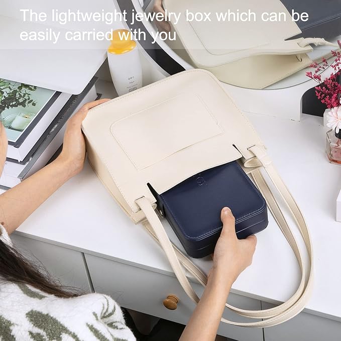 KCY Travel Jewelry Organizer Box for Women Girls, Small Travel Jewelry Case, PU Leather Portable Jewellery Storage Boxes Display Holder for Ring Earrings Necklace Bracelet Bangle, Gifts,Dark-blue