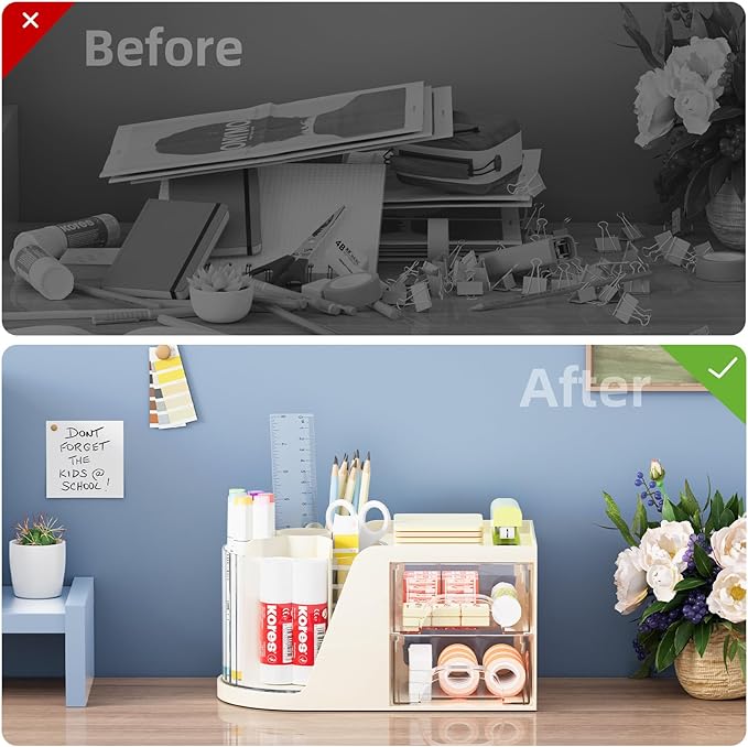 Marbrasse Desk Organizer with 2 Drawers, 360° Rotating Pen Holder, Desk Organizers and Accessories with 6 Slots Pencil Organizer + 2 Drawers, Art Supply Storage Box Caddy for Office (Beige)