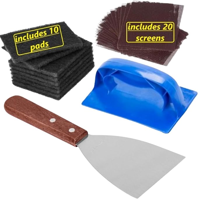 (Set of 32) Heavy Duty Grill Scraper and Pad Holder Set – Flat Top Griddle Cleaning Kit with Scraper Tool, 10 Grill Cleaning Pads, 20 Grill Screens – Commercial Kitchen Griddle Cleaner for Restaurants