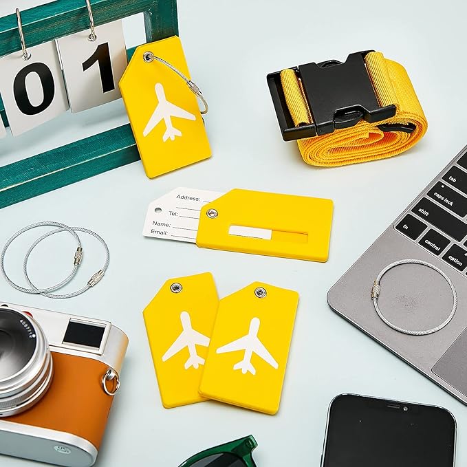 Weewooday 8 Pcs Luggage Straps Suitcase Tags Set for TSA Approved, 4 Travel Adjustable Suitcase Belt, 4 Silicone Luggage Tags with Name ID Card Travel Accessories(Yellow,Airplane)