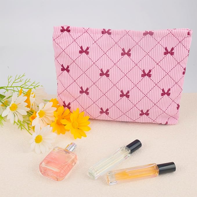 ZLFSRQ Corduroy Makeup Bag for Women Preppy Large Capacity Cosmetic Bags Travel Toiletry Organizer Pouch for Purse Zipper Makeup Brushes Storage Tote Bag Cute Y2K Aesthetic Essential Bags(Pink Bow)