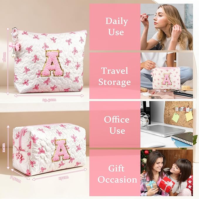 Initial Makeup Bag, Christmas Gifts for Women Teens Girls Birthday Gift Personalized Bow Cosmetic Bag, Quilted Cosmetic Travel Toiletry Pouch, Cute Makeup Organizer Teen Girl Gifts Trendy Stuff, S