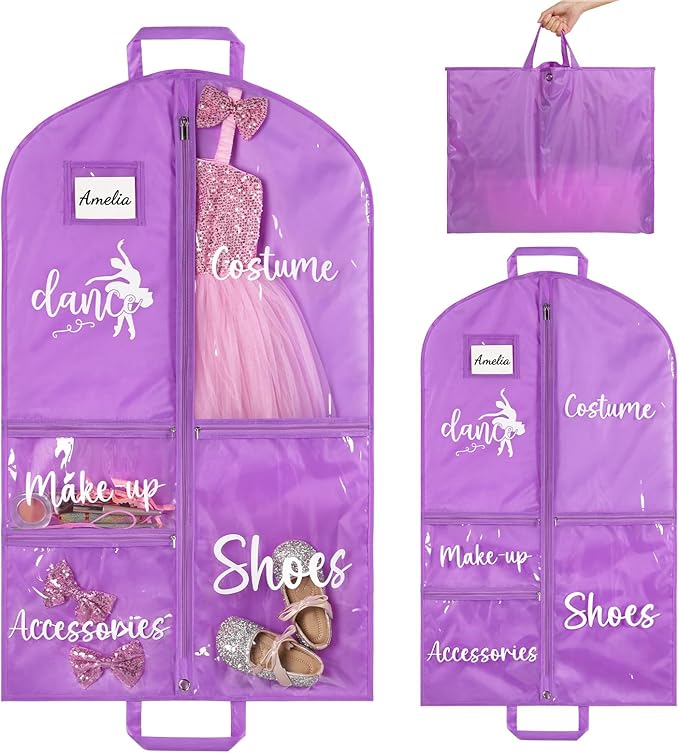DEEKA Dance Garment Bag for Hanging Clothes with Zipper Pockets Dance Accessories Essentials Uniform Costume 40 Inch Dress Bags for Dance Competition Girls (Purple,White-Dance)