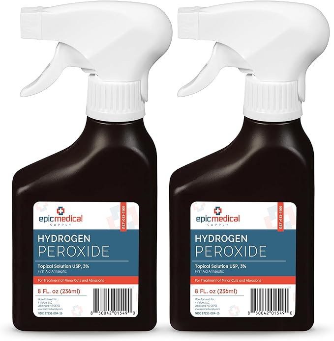 Epic Medical Supply Hydrogen Peroxide Spray 3% USP - First Aid Antiseptic for Cuts & Scrapes - Antiseptic Disinfectant Multi-Purpose Cleaner - 8oz / 236ml Trigger Spray Bottle (2 Bottles)