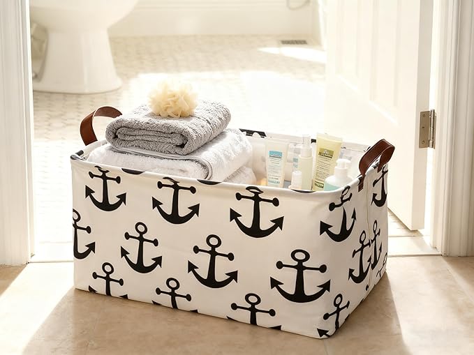 Laundry Basket Canvas Collapsible Storage Basket with Handles Children's Storage Basket for Home, Books (Anchor)