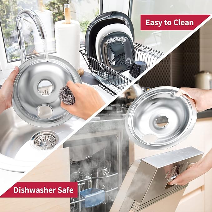 4-Piece Drip Pans Set - Compatible with GE Stoves - Chrome Finish Electric Stove Burner Drip Pans - 3 x 6inch, 1 x 8inch Stove Drip Pans - GE Stove Drip