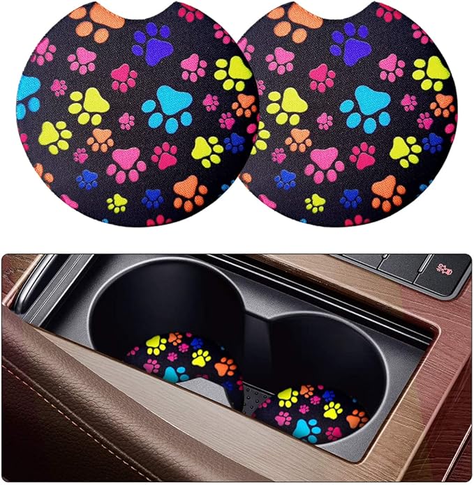 2 Pack Car Coasters for Drinks Absorbent - 2.75 Inch Cute Car Cup Holder Coasters for Women, Removable Cup Holder Coaster for Your Car, Car Interior Accessories for Women & Girls (Cat's Footprints)