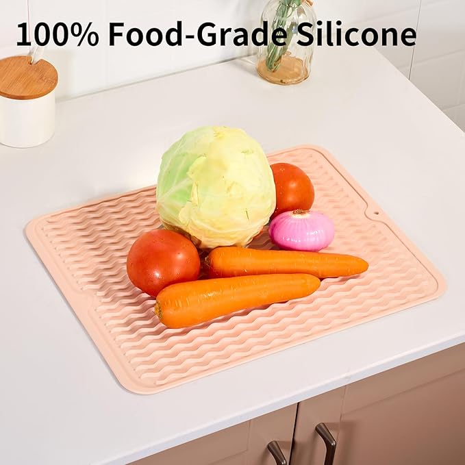 ZLR Silicone Dish Drying Mat for Kitchen Counter, Eco-Friendly Fast Dry Dish Mat, Easy Clean Multi Usage Drying Matt, Heat Resistant Trivet, 16" x 12" Large, Peach Pink