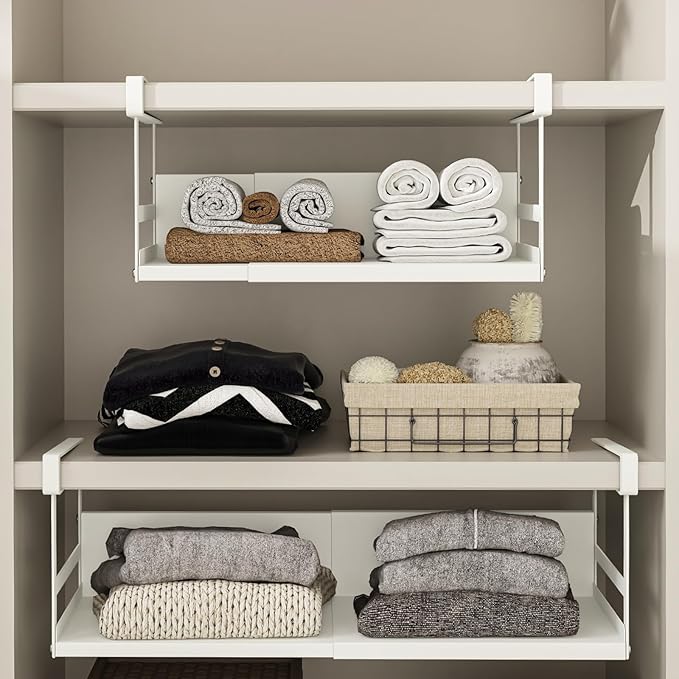 SHINEWON Expandable Under Cabinet Shelf Organizer with 0.94-Inch Thick Clips, Heavy Duty Extendable Under Shelf Storage Basket for Pantry or Laundry Room, White, 2 Pack, Interior: 4.13" H x 8.54" D