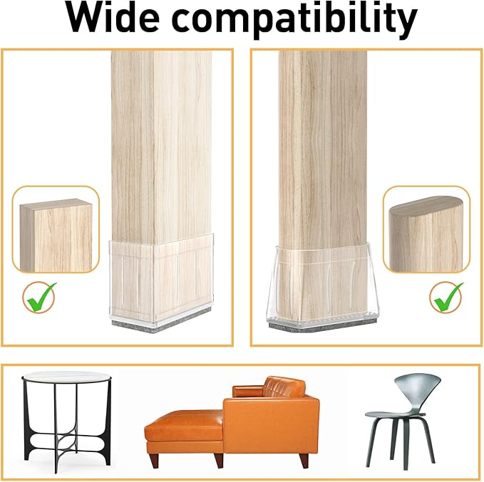 0.75" x 1.5" Rectangle Chair Leg Protectors for Hardwood Floors, Silicone Covers to Protect Wood Tile Floors Felt Pads Furniture Leg Caps Reduce Noise, Easy to Move.16 PCS Clear.