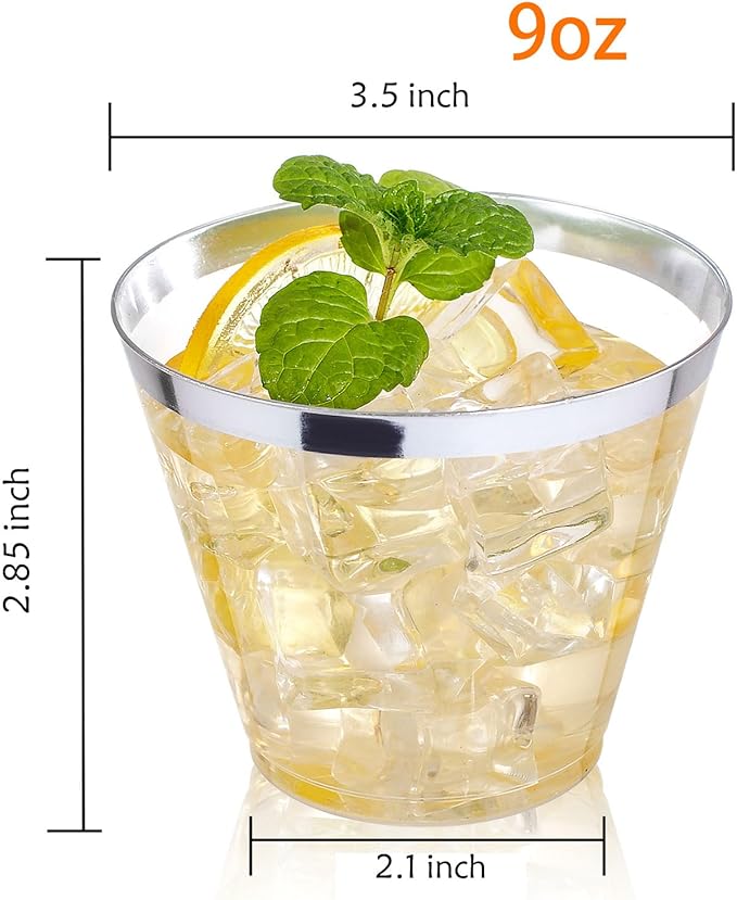 I00000 200pcs Silver Disposable Plastic Cups 9 oz Clear Plastic Cups Old Fashioned Tumblers Silver Rim Cup Disposable Party Cup Elegant Silver Wine Glasses Cocktail Cup