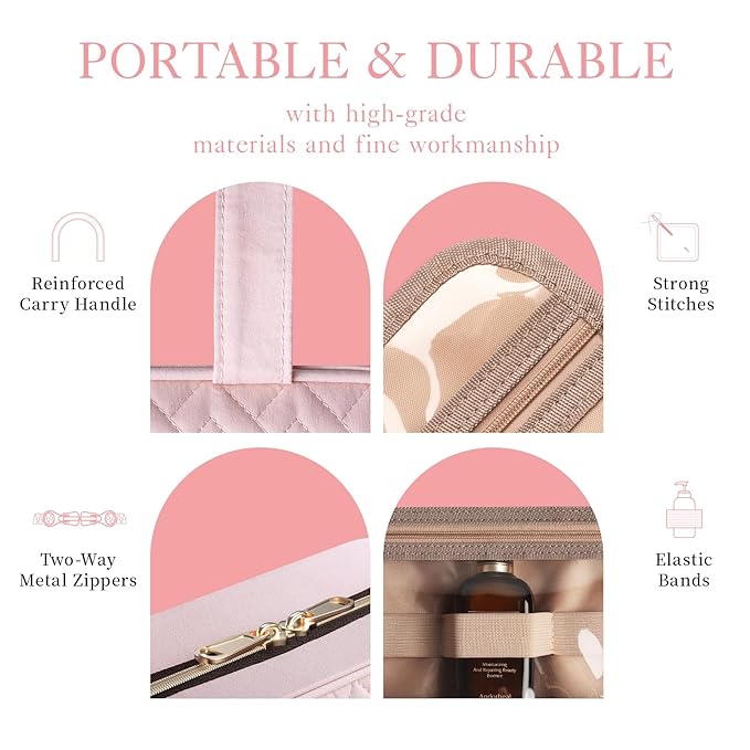 HOTOR Travel Toiletry Bag - Hanging Toiletry Bag for Women & Men, Makeup Bag/Large Compartment, Waterproof for Travel Accessories, Travel Essentials, Medium, Pale Pink