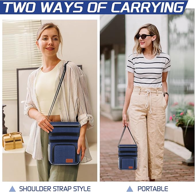 Insulated Lunch Bag for Women Men, Reusable 3-Layer Lunch Box for Women, Expandable Reusable Water-Resistant Lunch Box for Work Travel Office Picnic Hiking (Navy Blue)