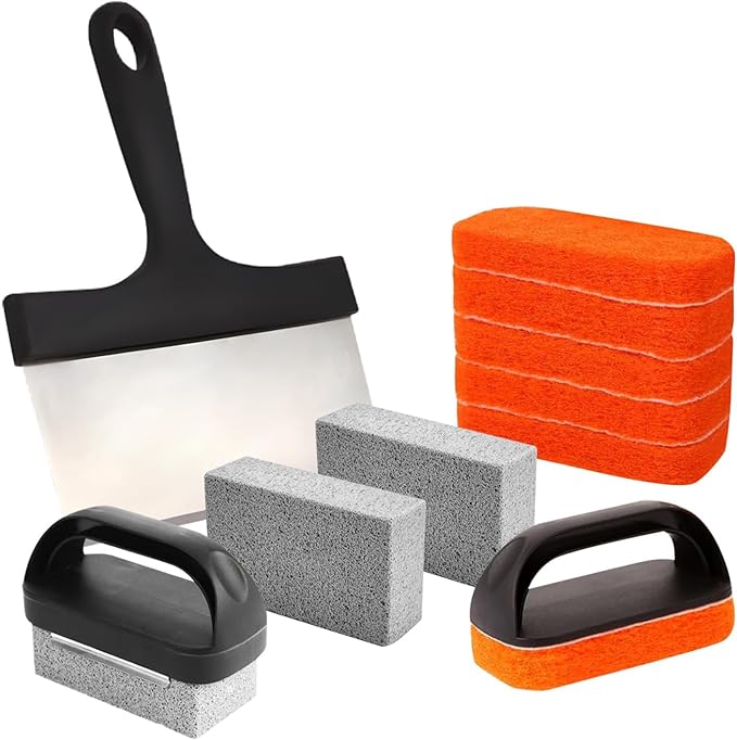Griddle Cleaning Kit for Blackstone – Grill Stone, Non-Scratch Scouring Pads, Heavy-Duty Scraper & Ergonomic Handles – Flat Top Grill Accessories (12PCS Orange)