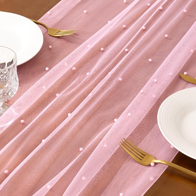 Socomi Pearl Table Runner Tulle Pink Summer Cheesecloth 10FT Gauze Cheese Cloth Sheer Chiffon Dining Wedding Birthday Party Baby Shower Bridal Anniversary Holiday Centerpiece Table Decor