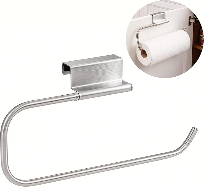 Over Cabinet Door Paper Towel Holder for Kitchen Cabinet Brushed Stainless Steel, Under Sink No Drilling Roll Dispenser for RV