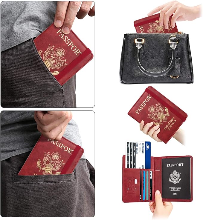 WALNEW Passport Holder for Travel, RFID Passport Cover Wallet for Women Men, PU Leather Passport Book Card Holder Case with Pen, Travelling Essentials for Flying