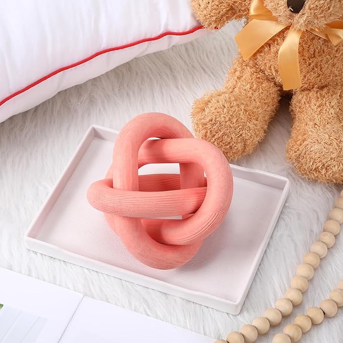 3 Link Wood Knot Decor - Hand Carved Coffee Table Decoration, Boho Chain Link Decor, Modern Shelf, Rustic Objects for Home Living Room Bedroom(Pea-Pink)