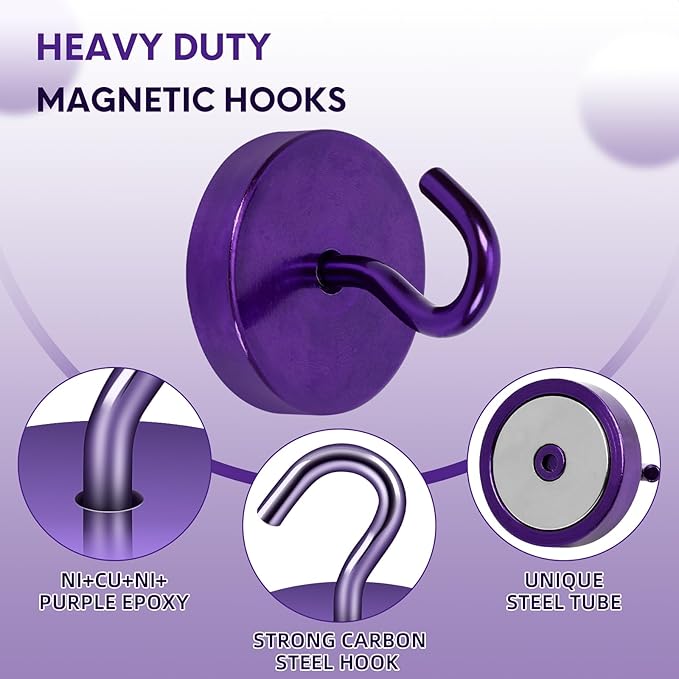 Neosmuk Magnetic Hooks, Cruise Ship Essentials, 100lb+ Heavy Duty Magnetic Hooks for Cruise Cabins, Refrigerator, Grill, Hanging, and Travel | Extra Strong Must-Have Magnet Hook, Purple