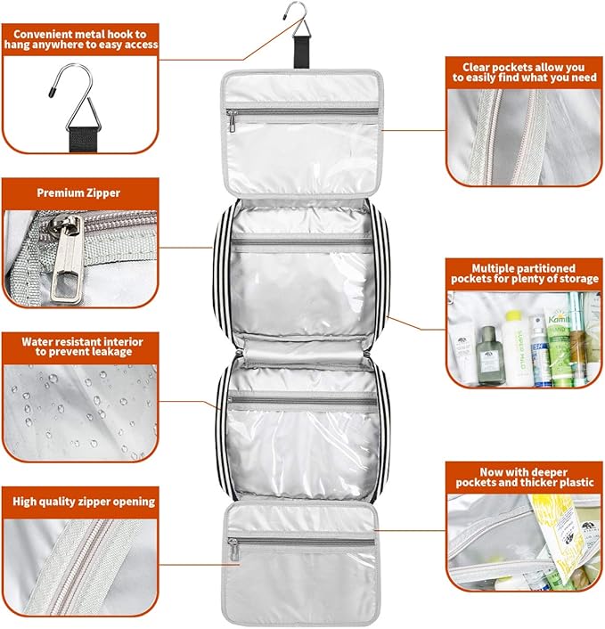 Bosidu Hanging Travel Toiletry Bag, Large Capacity Cosmetic Travel Toiletry Organizer for Women with 4 Compartments & 1 Sturdy Hook, Perfect for Travel/Daily Use/Christmas