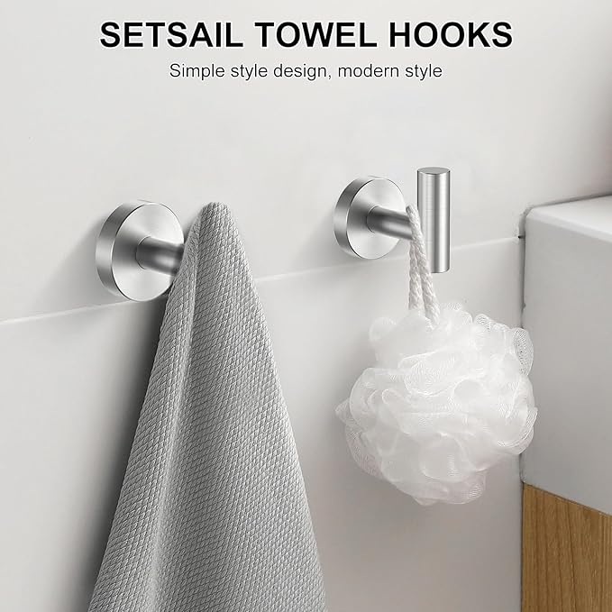 SetSail Towel Hooks for Bathrooms Screw-in 4 Packs Brushed Nickel Bathroom Towel Hook Wall Mounted Stainless Steel Shower Towel Hooks for Coat Hanging, Drill Hole