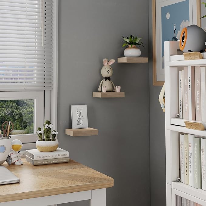 Small Floating Shelves for Wall - 6 Inch Mini Square Natural Wood Shelves for Bedroom, Living Room, Bathroom, Kitchen, Office Decor Set of 3